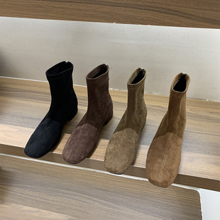 粗跟绒面方头瘦瘦靴女2025秋冬新款 小踝靴矮跟显脚瘦马丁靴子 法式