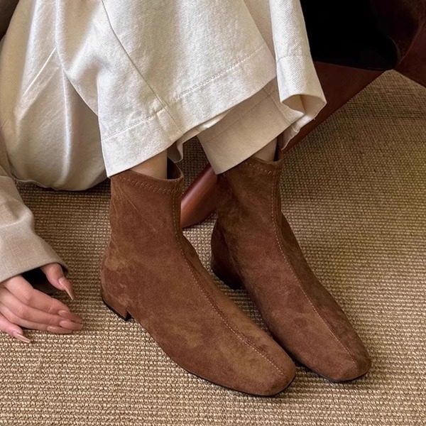 方头低跟短靴女2025秋冬季新款绒面后拉链时尚百搭显瘦弹力瘦瘦靴,女鞋,弹力靴/袜靴,淘宝优惠券,粉丝福利购,淘宝优惠卷