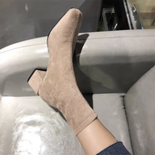 粗跟绒面瘦瘦短靴女2025新款 春秋单靴方头高跟杏色弹力靴套筒袜靴