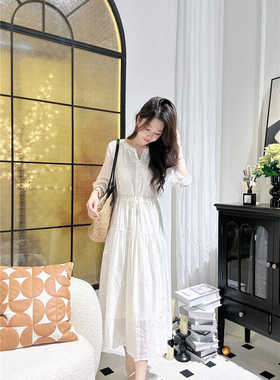 连衣裙2024新款夏季白色V领女中长款收腰高端刺绣顺纡缎a字裙6.1