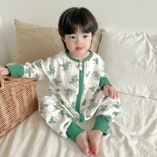 男宝恐龙睡袋春夏薄款纯棉无骨连体衣女宝纱布长袖长裤护肚空调服