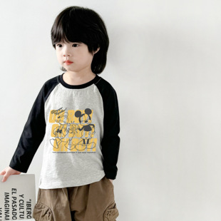 迪士尼儿童新款纯棉长袖T恤男童卡通圆领薄款卫衣女童上衣打底衫