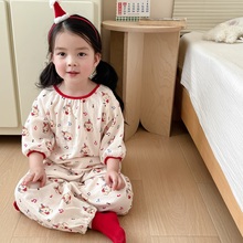 韩国女童夏季五分袖长裤套装纱布纯棉薄款家居服男童宽松萌趣睡衣