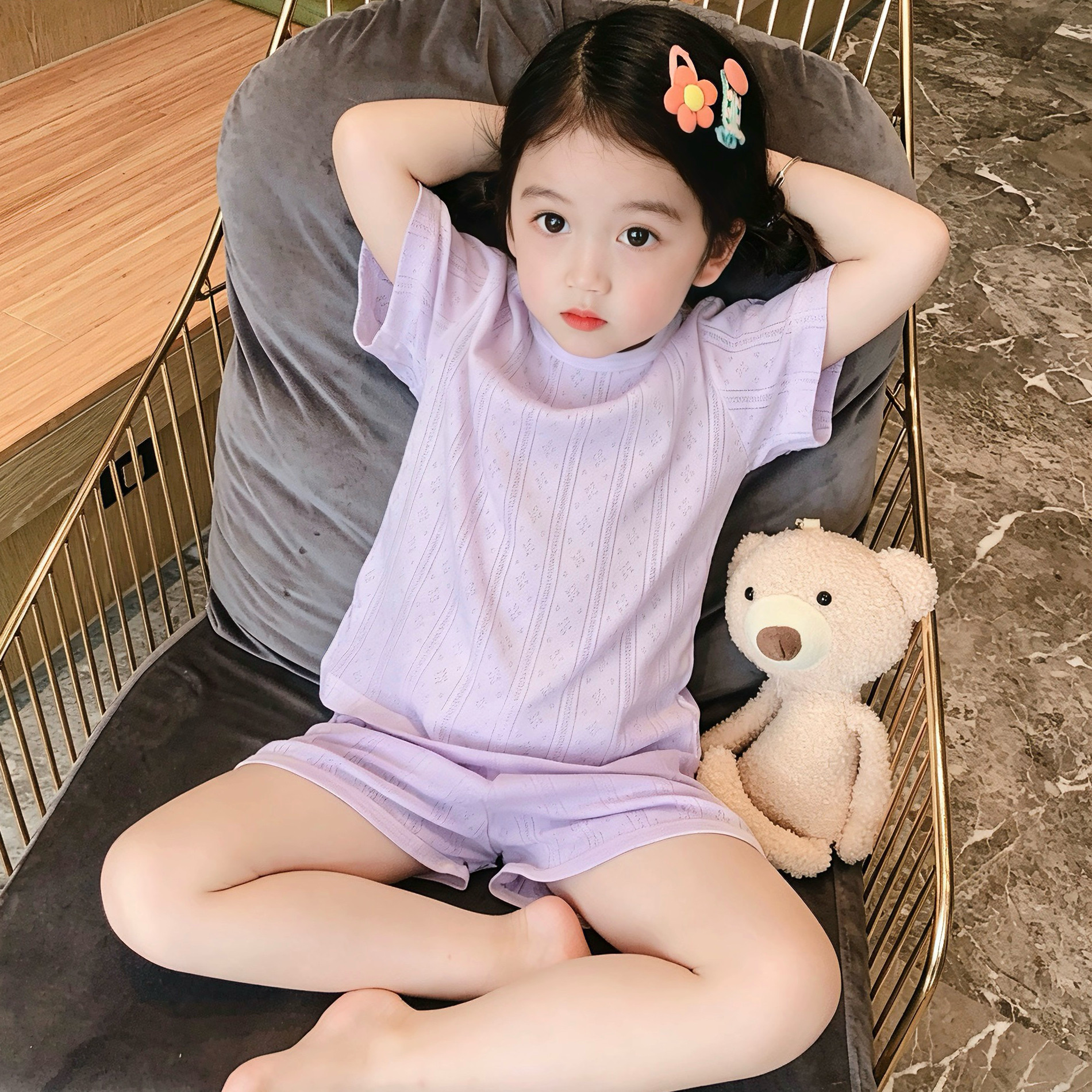 怕热宝宝专属！竹纤维网眼女童短袖短裤套装夏季轻薄透气男童睡衣