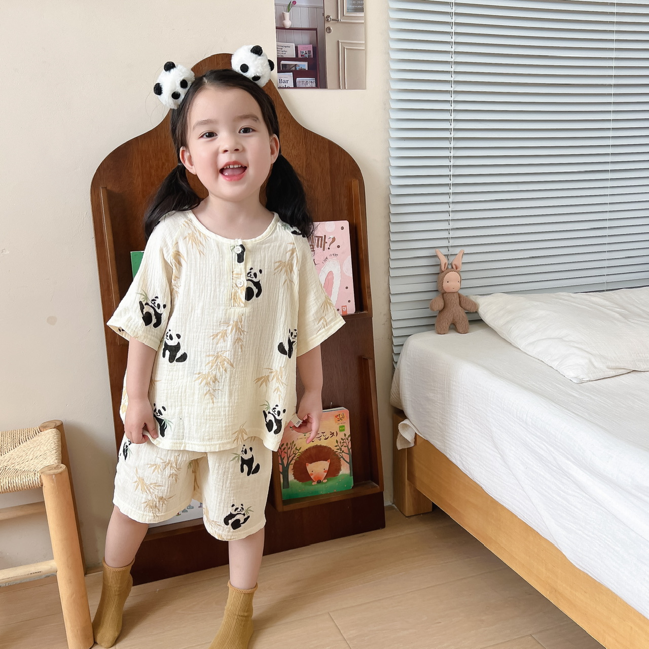 小熊猫亲子睡衣~夏季新款儿童100%纯棉纱布家居服男女宝宝空调服