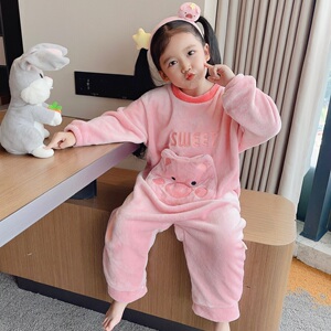 女童睡衣秋冬法兰绒2024新款儿童加绒加厚家居服连体装男宝宝女孩