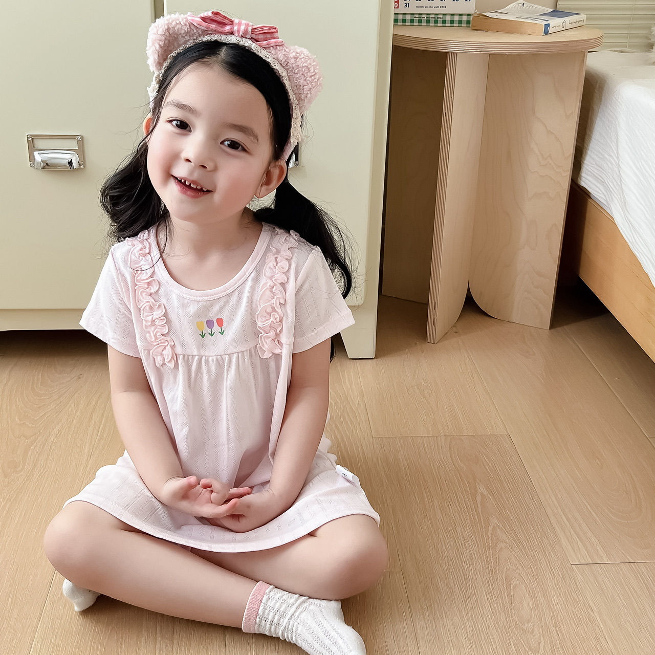 温柔简约风~夏季新款女童提花网眼睡裙儿童莱赛尔短袖家居服套装