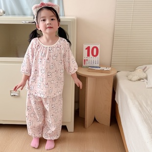 巨好穿~可爱萌趣女童家居服套装男童夏季薄款纯棉短袖长裤两件套