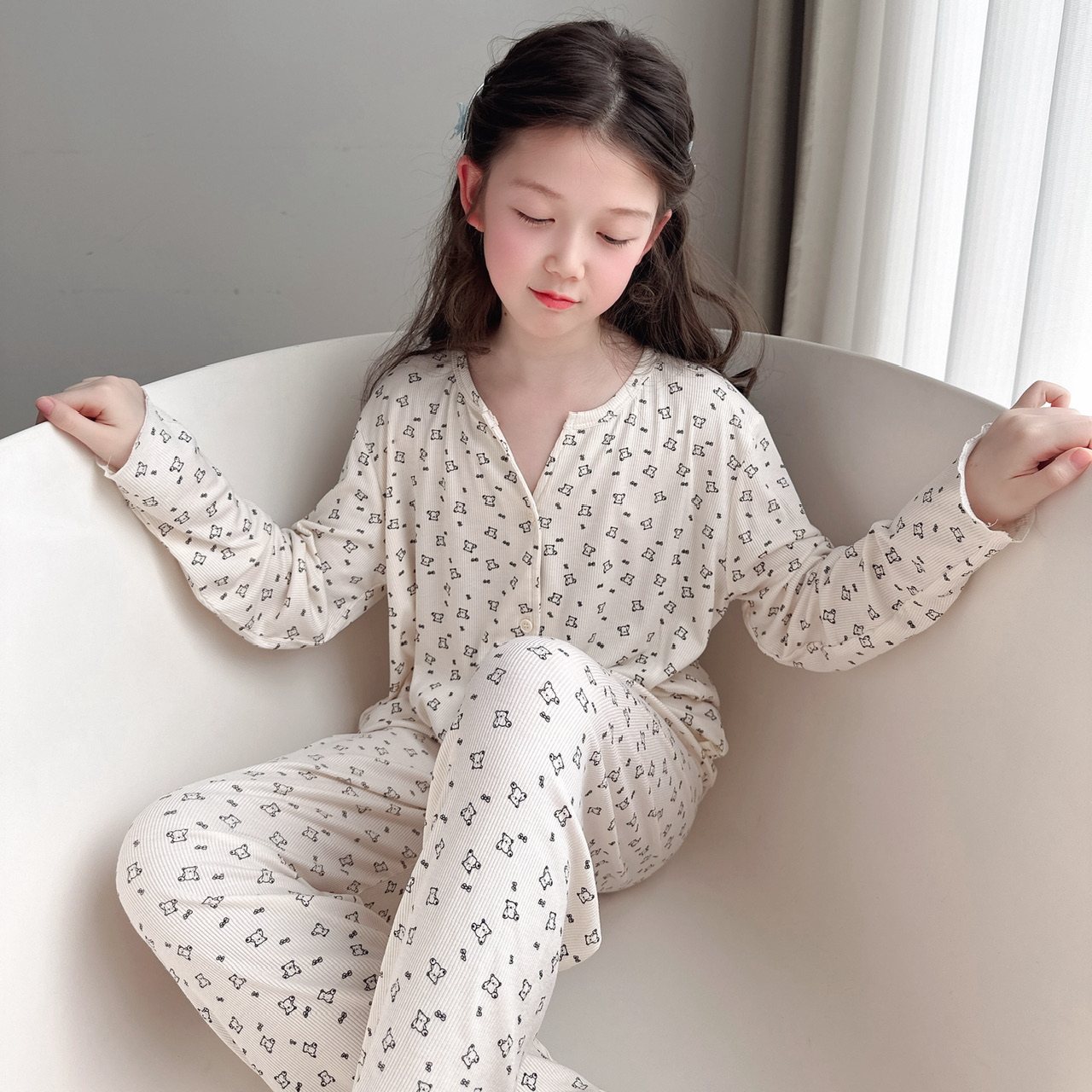 绝了！冰凉裸感亲子家居服春季莫代尔女童睡衣儿童长袖开衫两件套