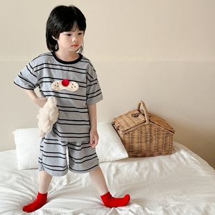 INS爆款亲子套装~夏季男童纯棉条纹短袖短裤居家外穿服女童家居服