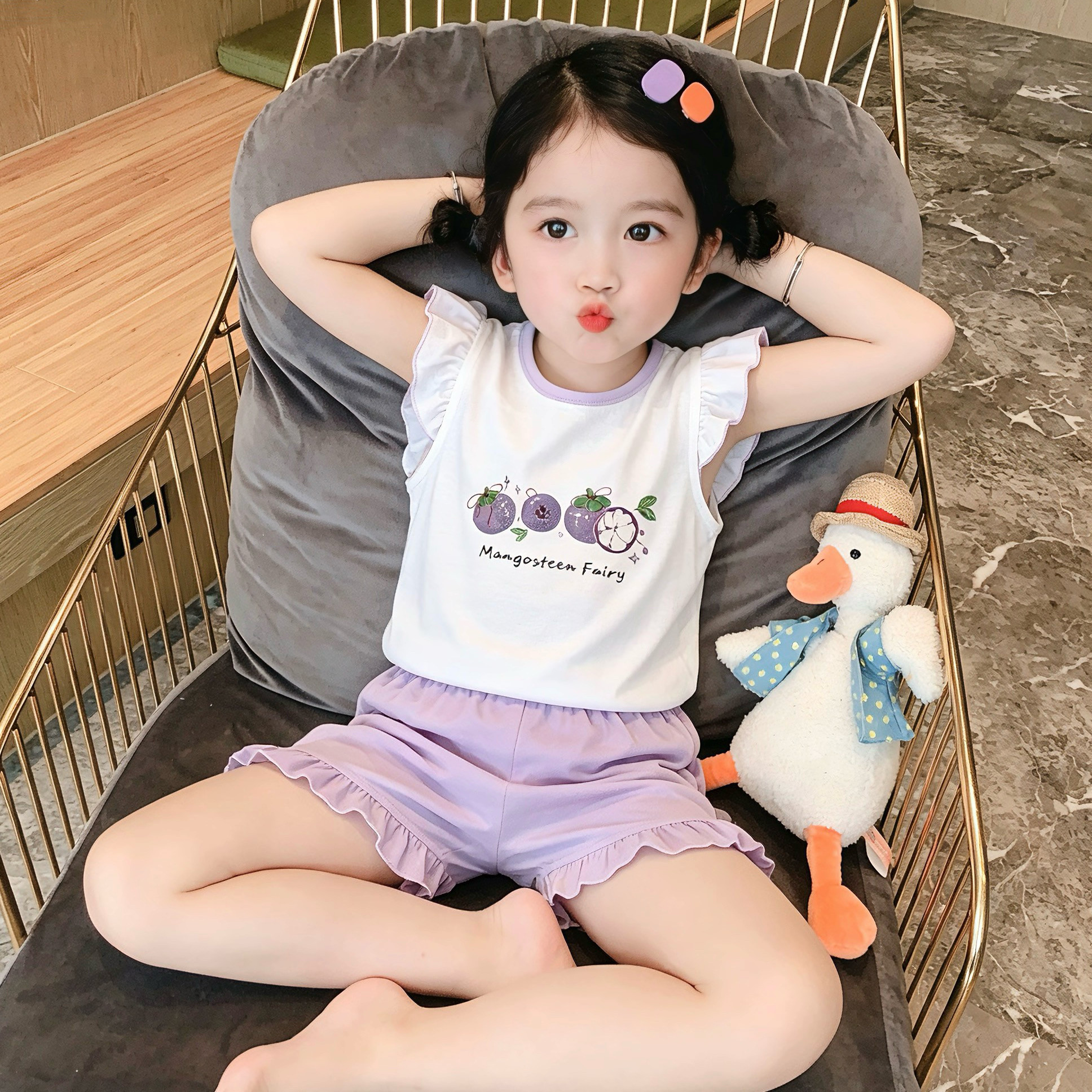 女童纯棉无袖背心短裤套装夏季薄款透气吸汗居家外出服女宝两件套