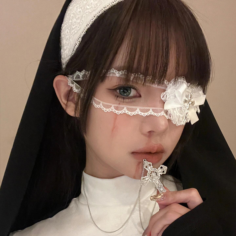 胖东来缝合修女  万圣节蕾丝十字架眼罩女暗黑哥特风蝴蝶结爱心面