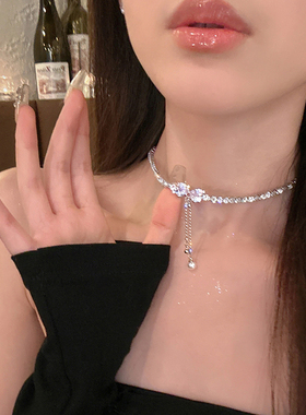 胖东来满钻锆石蝴蝶结珍珠项链女小众设计感高级锁骨链2025新款颈