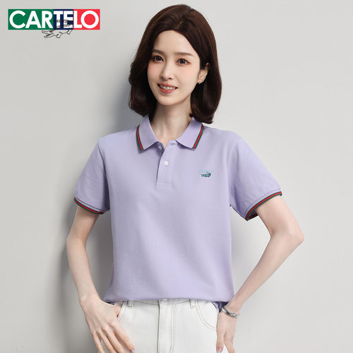CARTELO鳄鱼气质短袖POLO衫女宽松大码运动休闲潮牌轻奢上衣潮