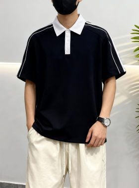 卡帝乐鳄鱼翻领POLO衫男短袖商务休闲撞色条纹大码夏季宽松上衣
