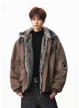 复古美拉德座山雕毛领棉服男冬季十字架贴皮保暖外套宽松情侣棉男