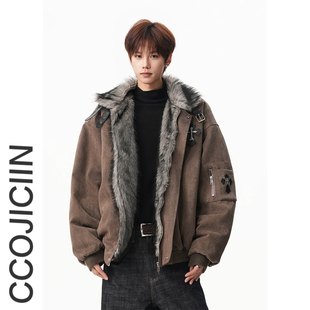 复古美拉德座山雕毛领棉服男冬季十字架贴皮保暖外套宽松情侣棉男