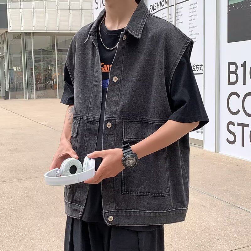 일본 CITYBOY 데님 조끼 남성용 트렌드 브랜드 루즈 오프 숄더 민소매 조끼 워시 레트로 올 매치 자켓