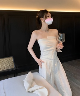 洋氣辣妹又a又颯減齡時尚 氣質名媛女神范 兩件套裝 夏女抹胸闊腿褲