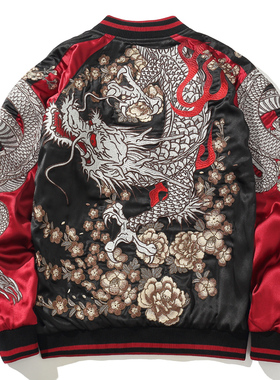 横须贺潮牌双面穿重工龙刺绣夹克棒球服外套男士个性撞色青年百搭