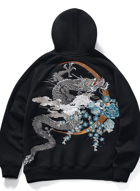 23新款秋冬龙刺连帽加绒加厚横须贺刺绣男女情侣卫衣潮牌外套上衣