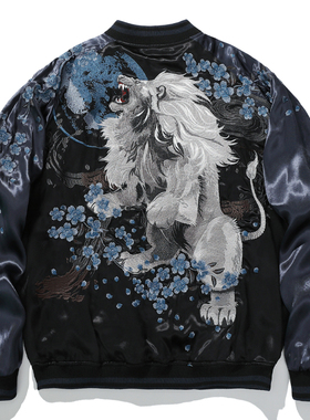 中国风横须贺金狮子献瑞重工刺绣男生棒球领夹克外套潮牌