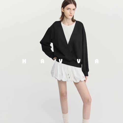 HAVVA设计感拼接V领假两件卫衣宽松慵懒风女上衣2026春季V3-4772