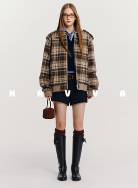 HAVVA经典美学拼色格纹毛呢外套舒适保暖女士上衣2025冬N3-2905