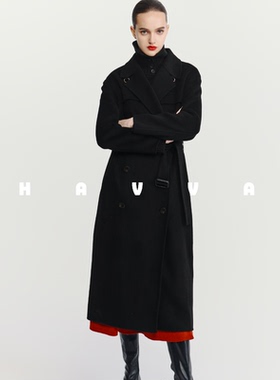 HAVVA中长款翻领毛呢大衣带腰带廓形显瘦女士外套2025冬季N3-4123