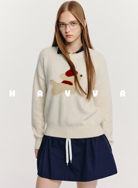 HAVVA减龄感卡通提花毛衣弹力女士套头软糯针织衫2025冬季M3-2715