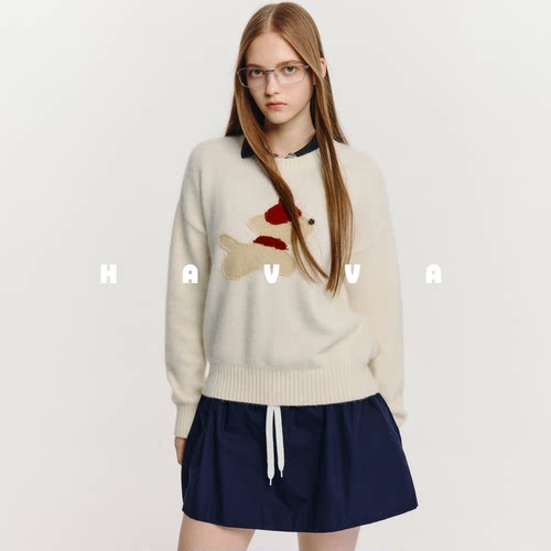 HAVVA减龄感卡通提花毛衣弹力女士套头软糯针织衫2025冬季M3-2715