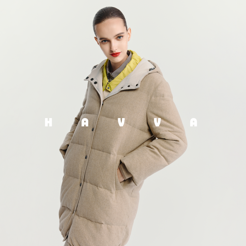 HAVVA冬日推荐高充绒量加厚羽绒服中长款女士连帽外套2025冬Y1265