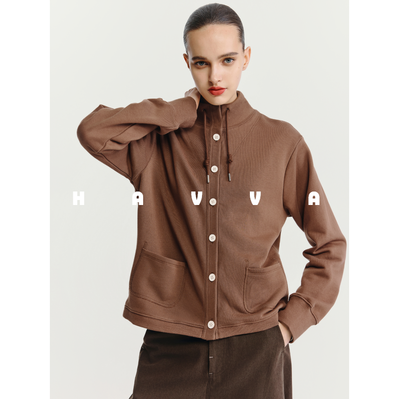 HAVVA抽绳立领卫衣外套短款落肩舒适女士开衫上衣2026春季W3-3775,女装/女士精品,短外套,淘宝优惠券,粉丝福利购,淘宝优惠卷