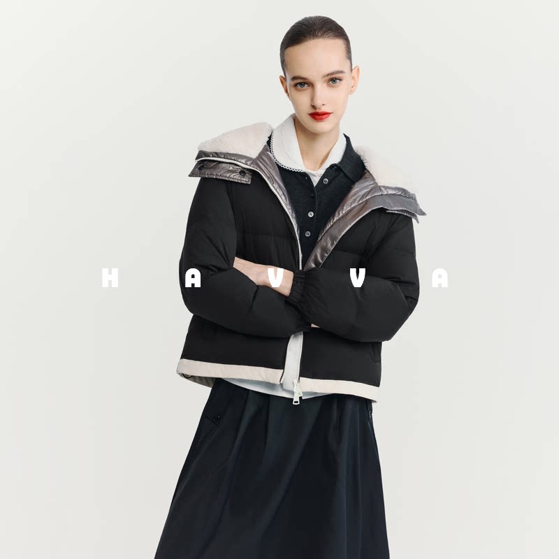 HAVVA设计感拼接短款羽绒服撞色蓬松宽松女士外套2025年冬季Y2808 - havva旗舰店出品
