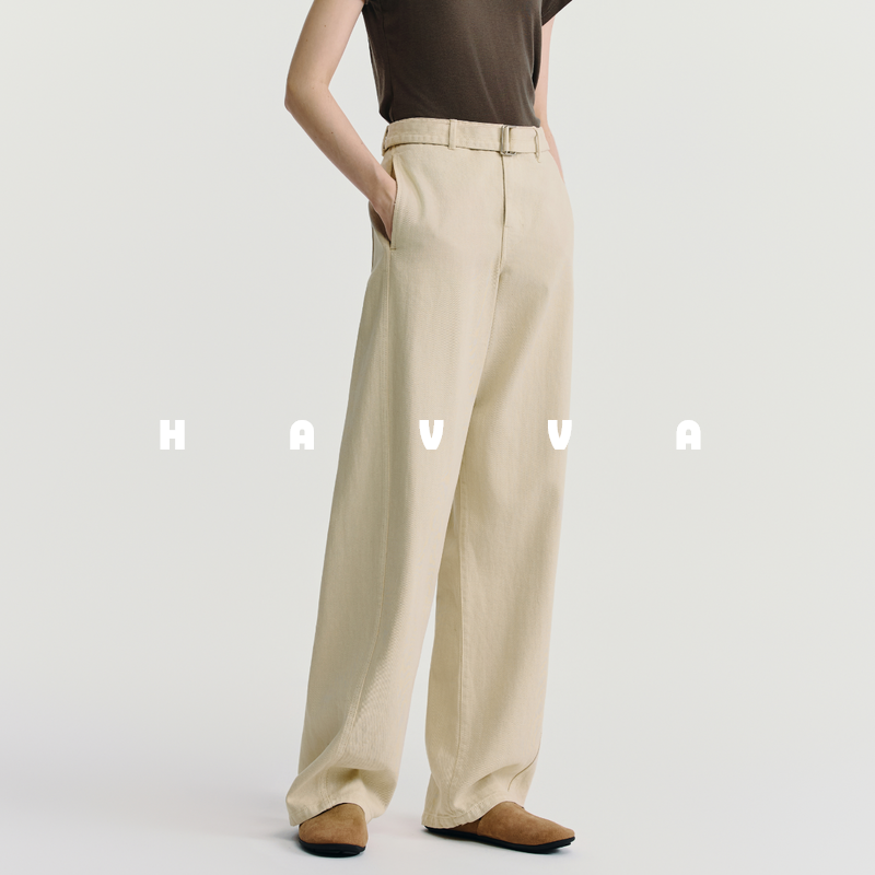 HAVVA好搭窄版阔腿牛仔裤女腰带可调节直筒裤子2026春KN3-3887