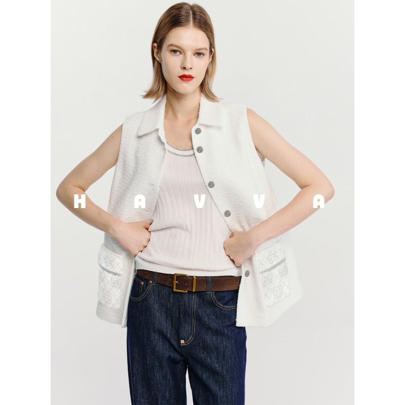 HAVVA今年流行的毛呢马夹女宽松抽绳无袖马甲背心2026春季J3-4963