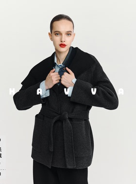 HAVVA高级感带腰带毛呢大衣短款气质女士开衫外套2025冬季N3-4103
