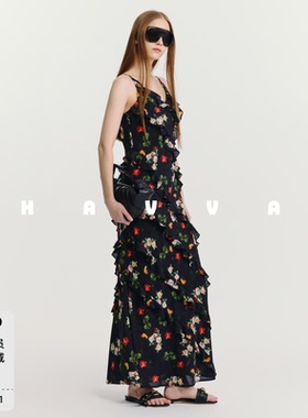 HAVVA法式V领荷叶边吊带连衣裙显瘦修身女士长裙2026夏季Q3-3633