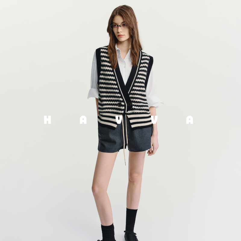 HAVVA叠搭好穿V领毛衣马夹开衫女士背心针织衫马甲2025秋冬M13531