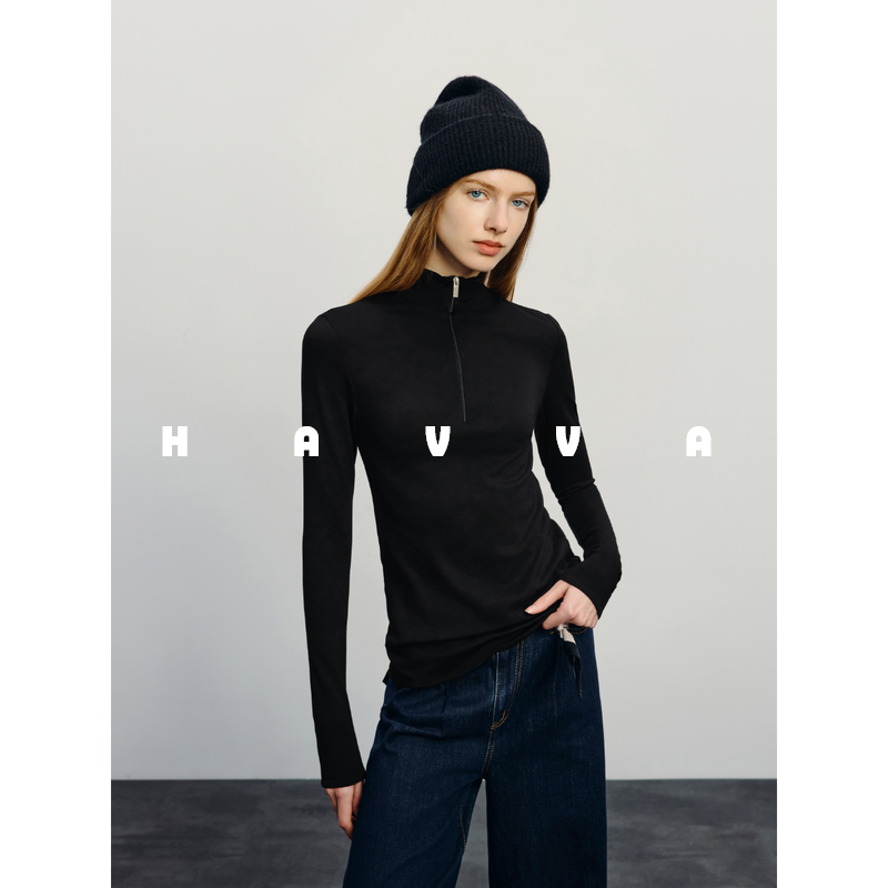 HAVVA可翻领可立领长袖T恤弹力修身女士上衣2026春季T3-29540,女装/女士精品,T恤,淘宝优惠券,粉丝福利购,淘宝优惠卷