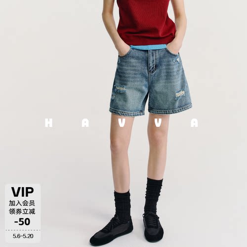 HAVVA不规则破洞直筒牛仔短裤宽松舒适显瘦女裤子2026夏KD3-6064