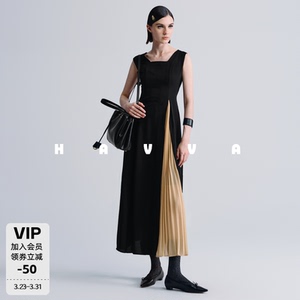 HAVVA设计感方领百褶拼接连衣裙垂顺感女士长裙2026夏季Q48062