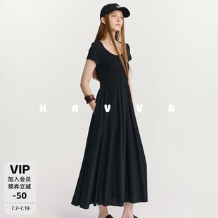 HAVVA短袖拼接百褶大摆连衣裙中长款A版女士裙子2026夏季Q3-2320