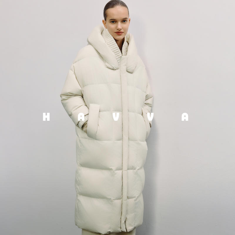 HAVVA围巾领高充绒量加厚羽绒服长款连帽女士外套2025冬季Y89060