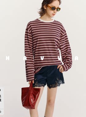 HAVVA经典条纹长袖T恤宽松休闲叠穿内搭女士上衣2026秋季T3-4332