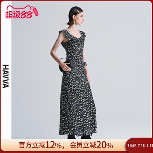 女士裙子2025夏Q3 2389 連衣裙收腰長款 HAVVA荷葉邊V領碎花無袖
