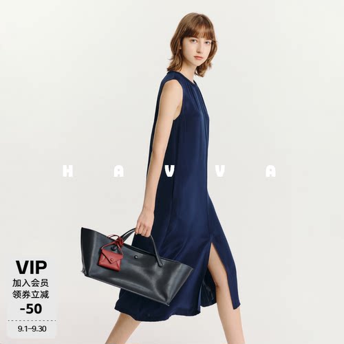 HAVVA松弛感抽褶无袖系带收腰中长款光泽感连衣裙2026夏季Q23451