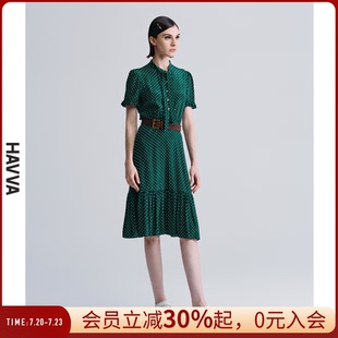 HAVVA复古波点系带领短袖 Q2136 连衣裙收腰修身 女士裙子2025夏季
