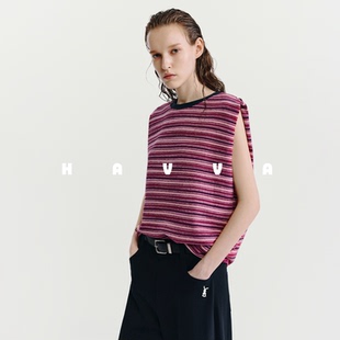 1411 HAVVA撞色条纹无袖 背心T恤宽松慵懒感女士上衣2025夏季