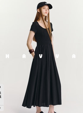 HAVVA短袖拼接百褶大摆连衣裙中长款A版女士裙子2026夏季Q3-2320